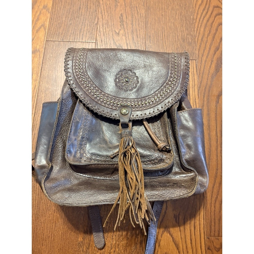 Patricia Nash Jovanna Backpack Bag Purse Distressed Embossed Leather Tassel Brwn